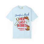 Light blue t-shirt with "Jennifer's Bach LAST RODEO" and cowboy graphics.
