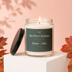 Glass candle labeled "Our First Christmas Engaged Harper + Miles 2026".
