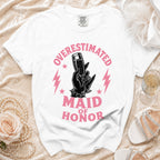 White t-shirt with pink "OVERESTIMATED MAID OF HONOR" graphic featuring a hand holding champagne.