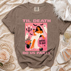 T-shirt with "Til Death Do Us Party" text and bride with ghosts graphic.