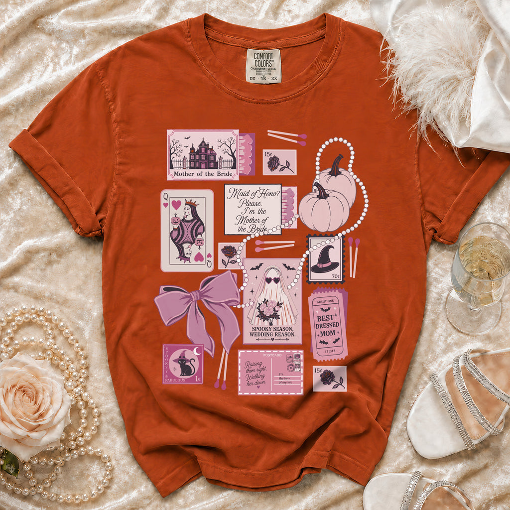 Orange Comfort Colors t-shirt with "Mother of the Bride" wedding-themed Halloween graphic.