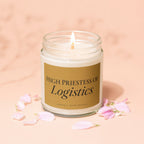 Jar candle with gold label reading "High Priestess of Logistics".