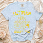 Light blue t-shirt with "LAST SPLASH SARAH'S BACH SUMMER MALIBU, CA 2026" text.