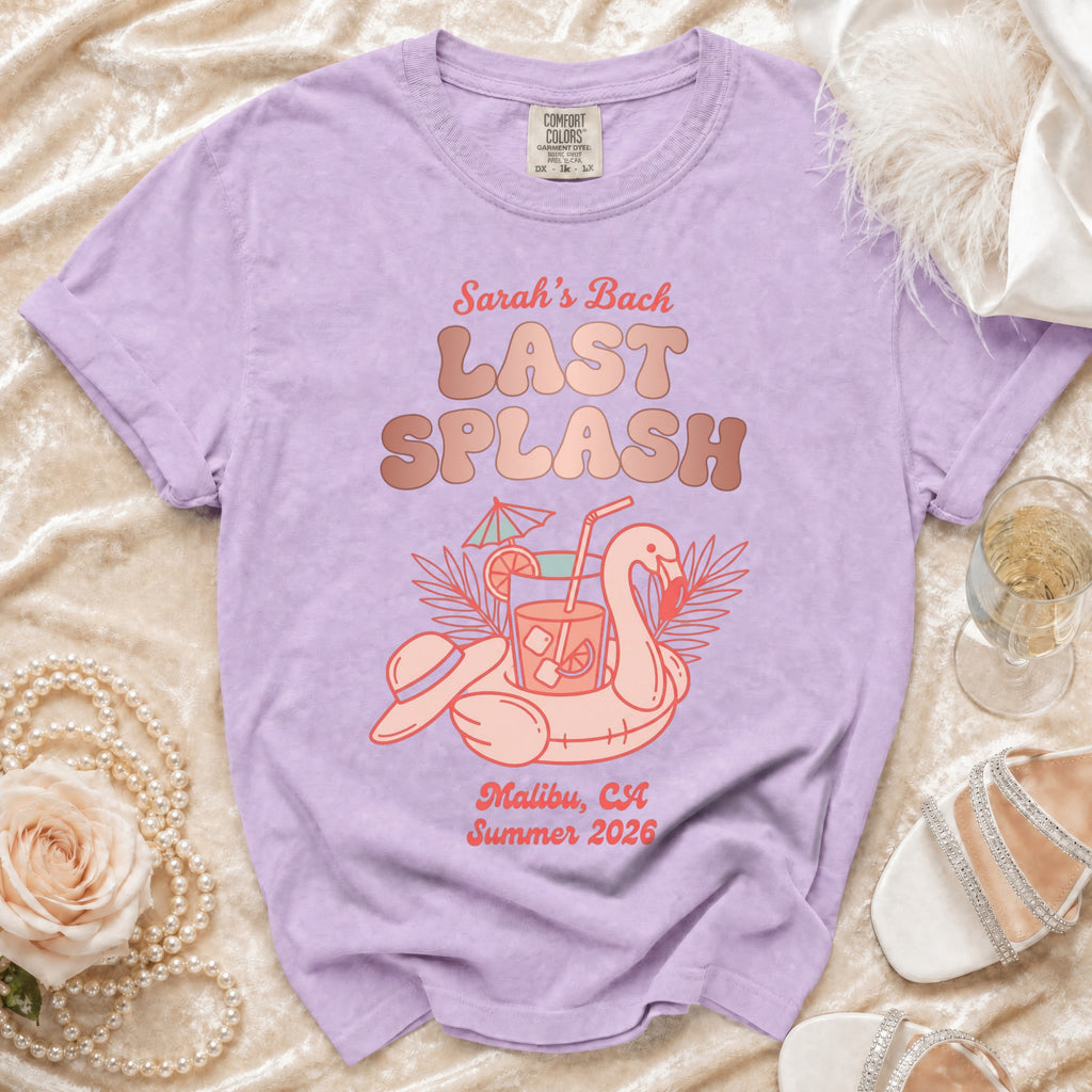 T-shirt with "Sarah's Bach LAST SPLASH Malibu, CA Summer 2026" text.