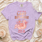 T-shirt with "Sarah's Bach LAST SPLASH Malibu, CA Summer 2026" text.