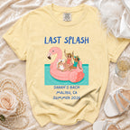Yellow t-shirt with "LAST SPLASH" and bachelorette party graphic.