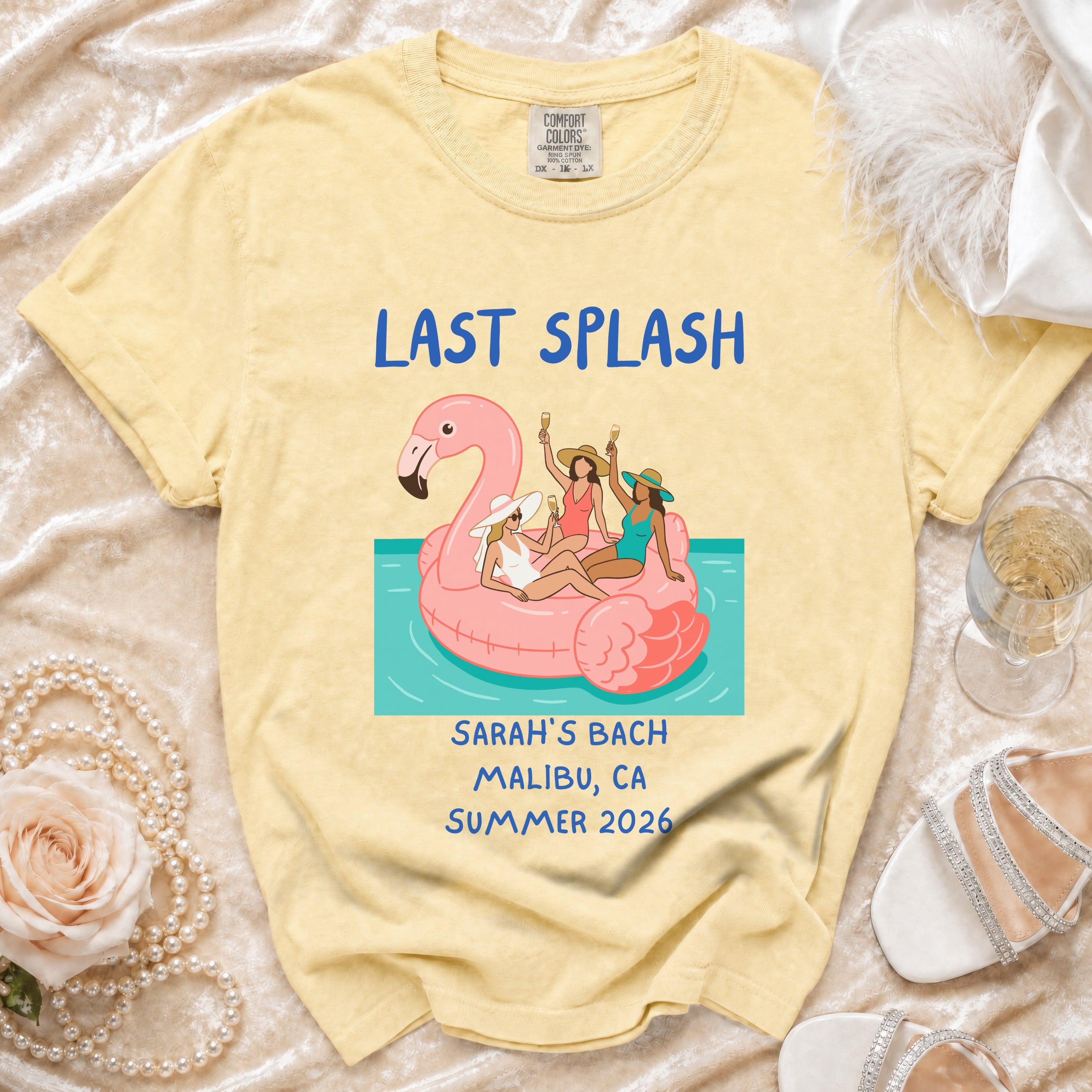 Yellow t-shirt with "LAST SPLASH" and bachelorette party graphic.