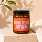 Candle labeled "Wedding Weekend Survivor" with text about three days, zero sleep, full commitment.
