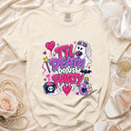 Cream t-shirt with "Til Death Do Us Party" graphic and bridal ghost.