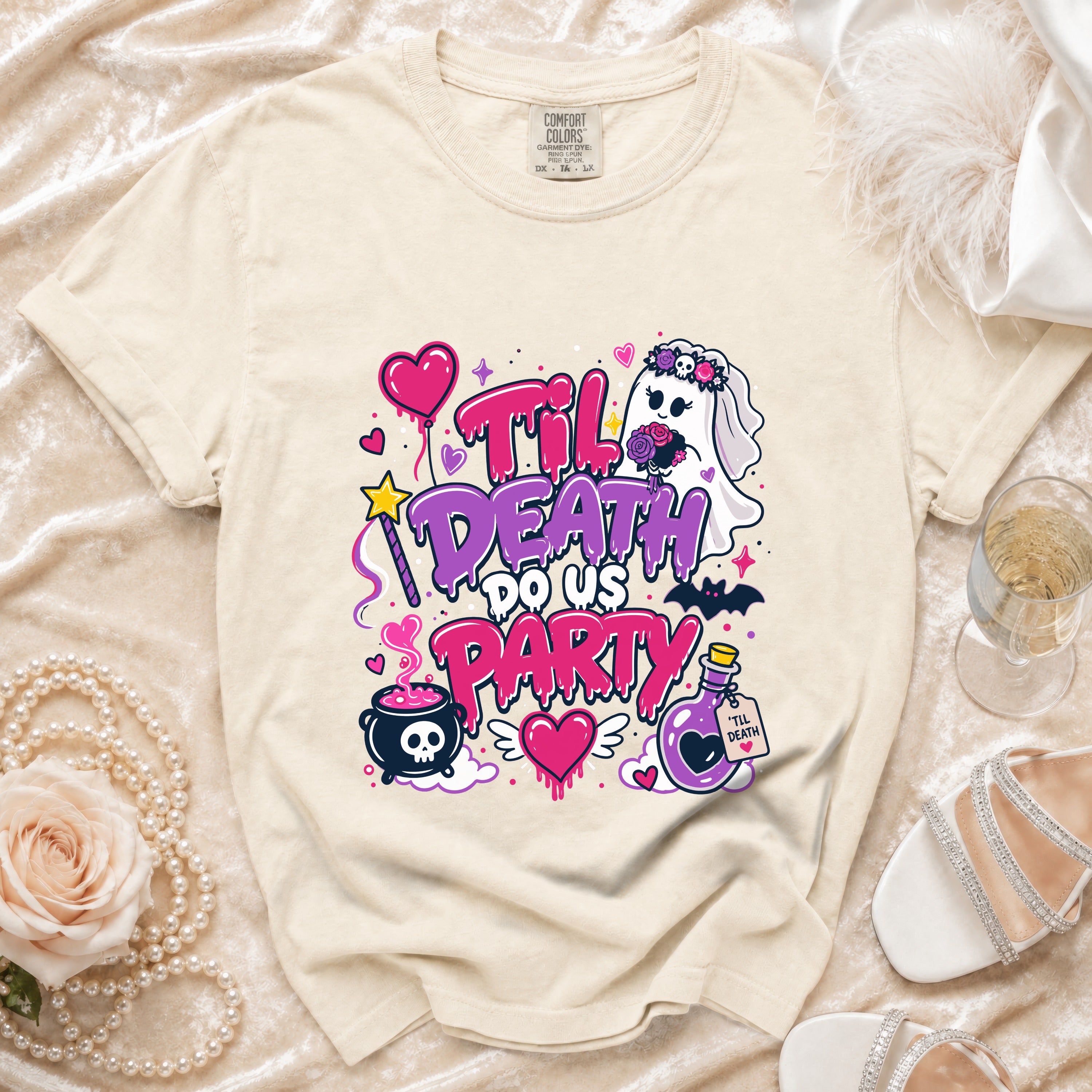 Cream t-shirt with "Til Death Do Us Party" graphic and bridal ghost.