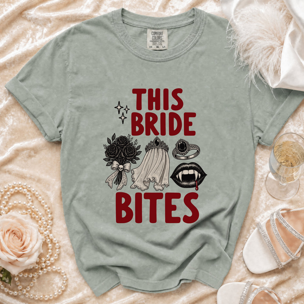 T-shirt with "THIS BRIDE BITES" text and vampire-themed graphics.
