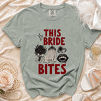T-shirt with "THIS BRIDE BITES" text and vampire-themed graphics.