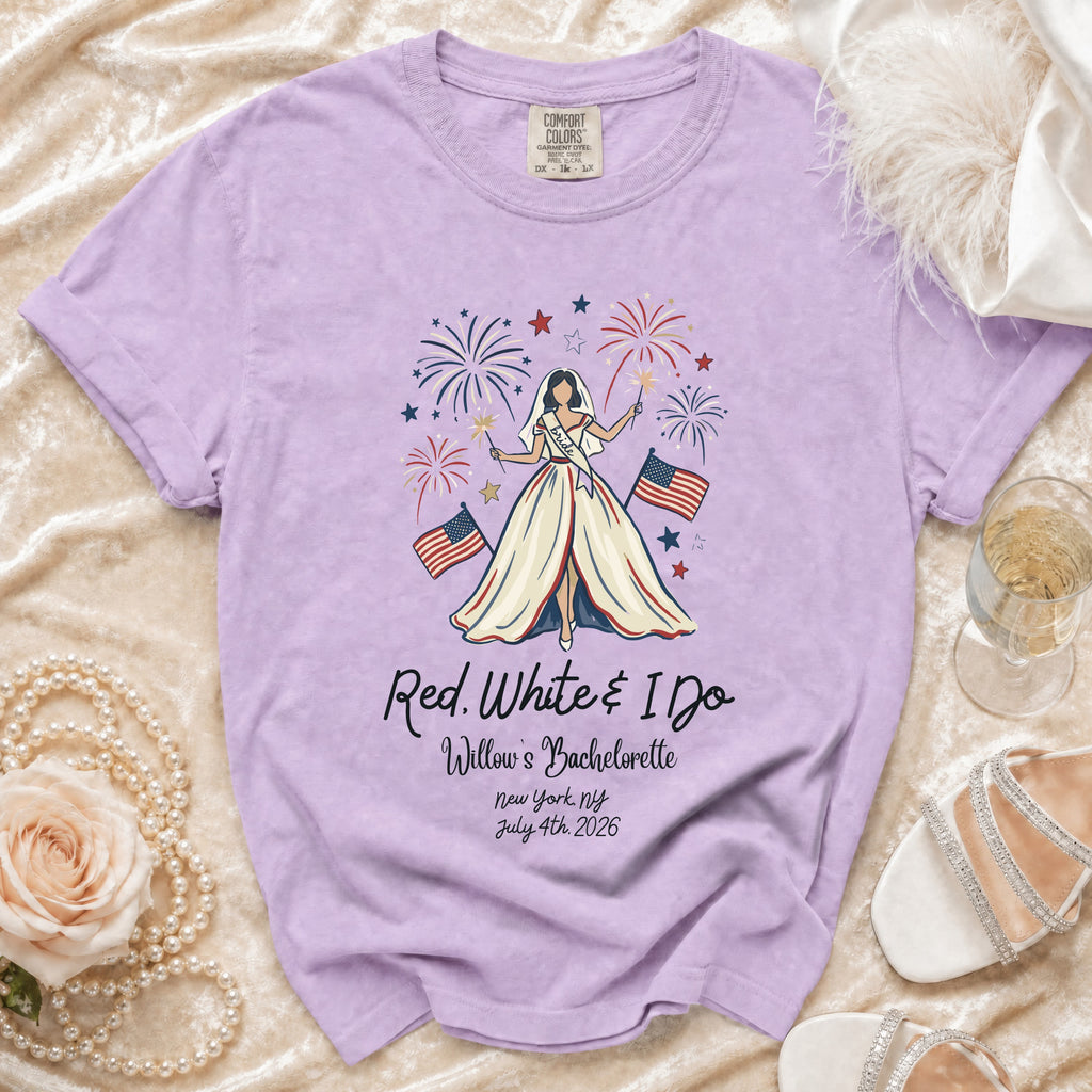 Purple t-shirt with "Red, White & I Do" bachelorette design.
