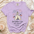 Purple t-shirt with "Red, White & I Do" bachelorette design.