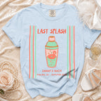 Light blue t-shirt with "Last Splash" and flamingo in shaker graphic.