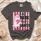 Charcoal t-shirt with ghost bride graphic saying "half BRIDE half HAUNTED fully booked".