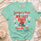 "Jennifer's Bach Her Last Rodeo" text on a mint green t-shirt with Western motifs.