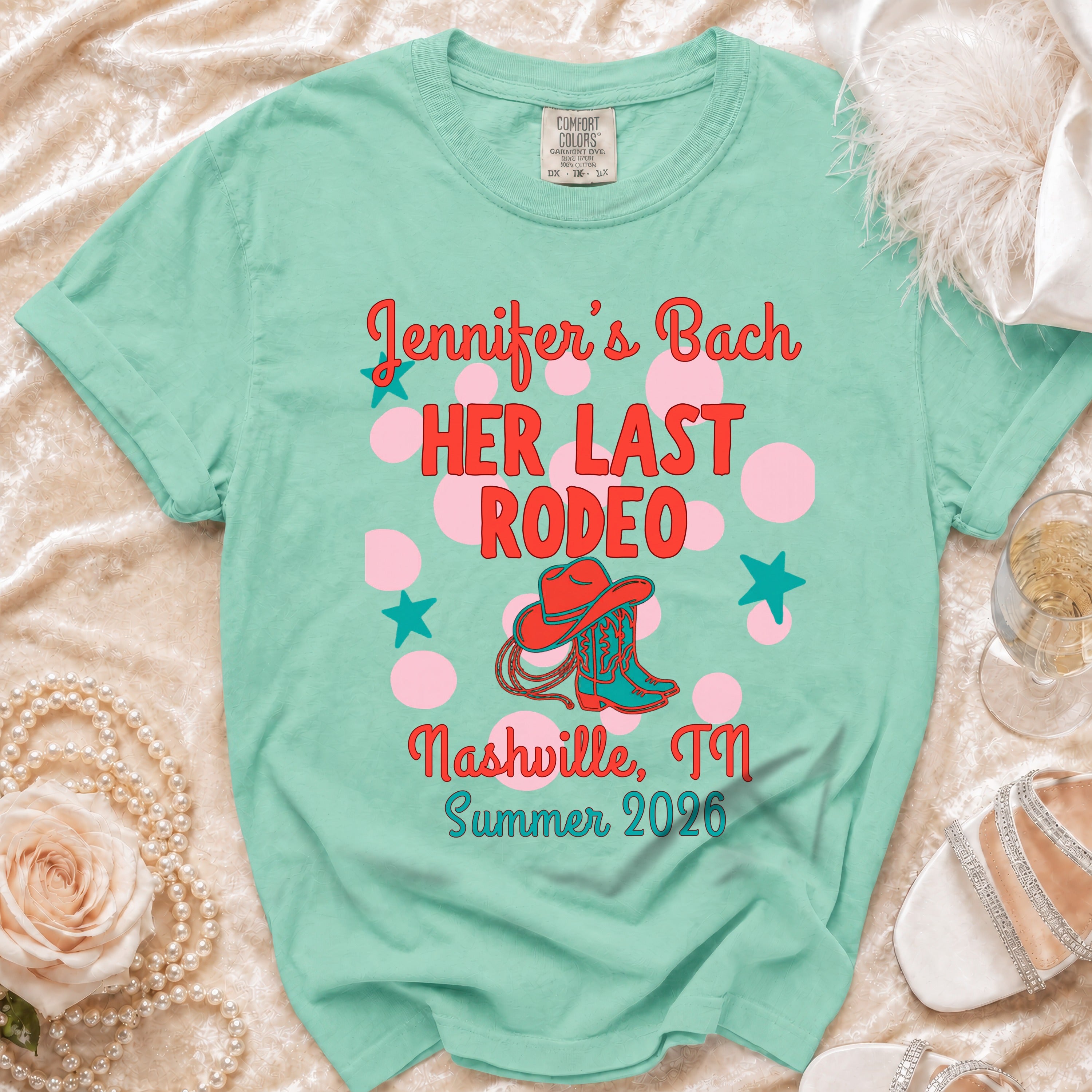 "Jennifer's Bach Her Last Rodeo" text on a mint green t-shirt with Western motifs.