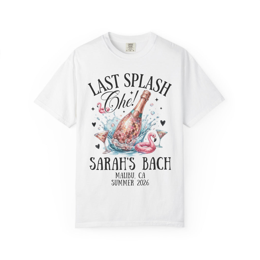 White t-shirt with "Last Splash Che!" champagne graphic and event details.