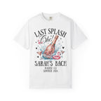 White t-shirt with "Last Splash Che!" champagne graphic and event details.