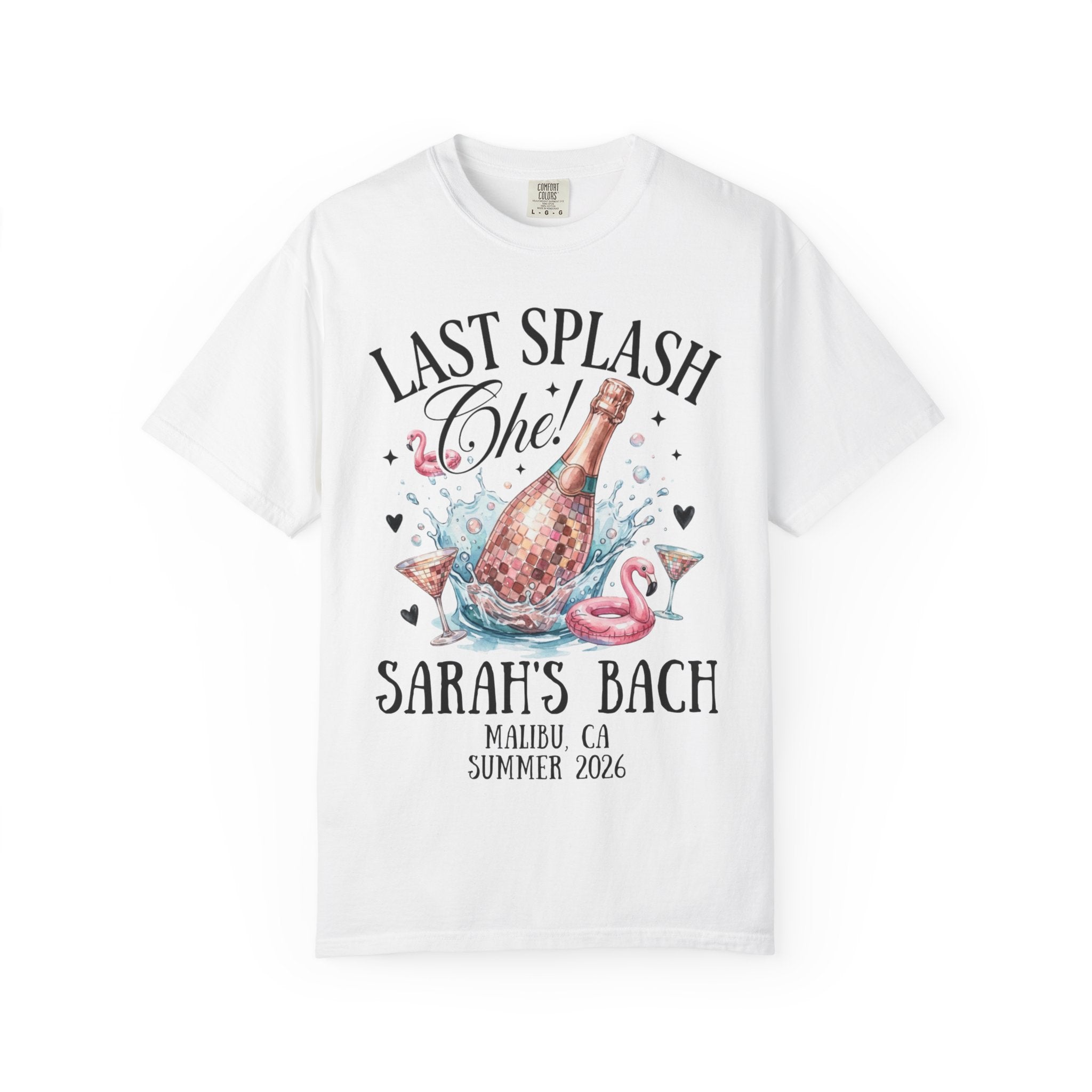 White t-shirt with "Last Splash Che!" champagne graphic and event details.