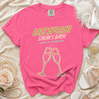 Pink t-shirt with "Last Splash Sarah's Bach Malibu, CA-Summer 2026" and champagne glasses.