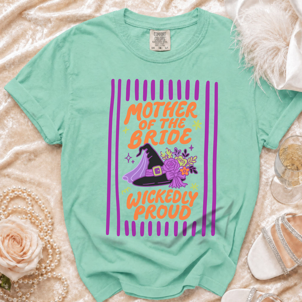Aqua t-shirt with "Mother of the Bride Wickedly Proud" text and witch hat graphic.