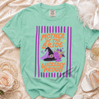 Aqua t-shirt with "Mother of the Bride Wickedly Proud" text and witch hat graphic.