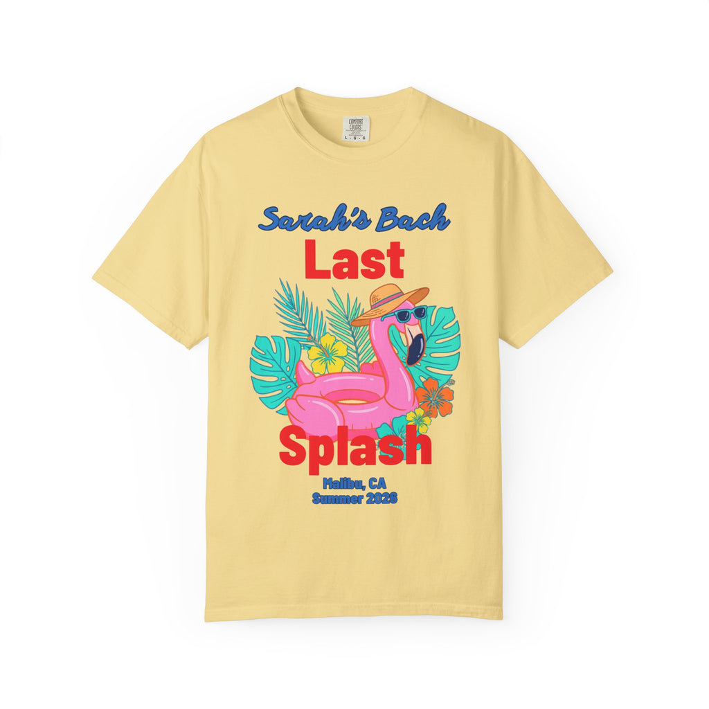 Sarah's Bach Last Splash flamingo graphic with text for Malibu, CA Summer 2023.