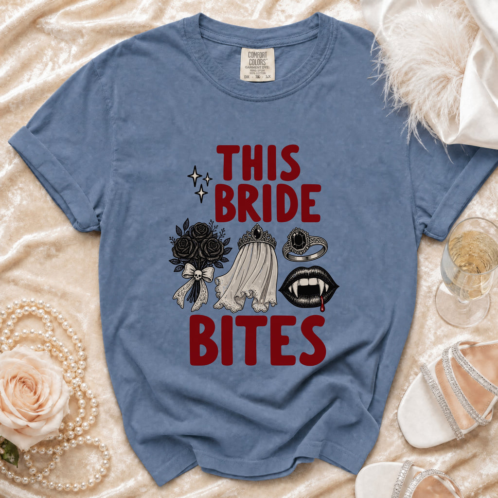 Blue t-shirt with "This Bride Bites" text and Gothic bridal imagery.