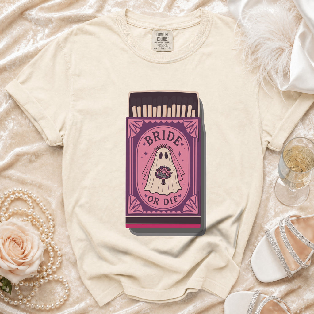 T-shirt with a "Bride or Die" ghost graphic in a matchbox design.