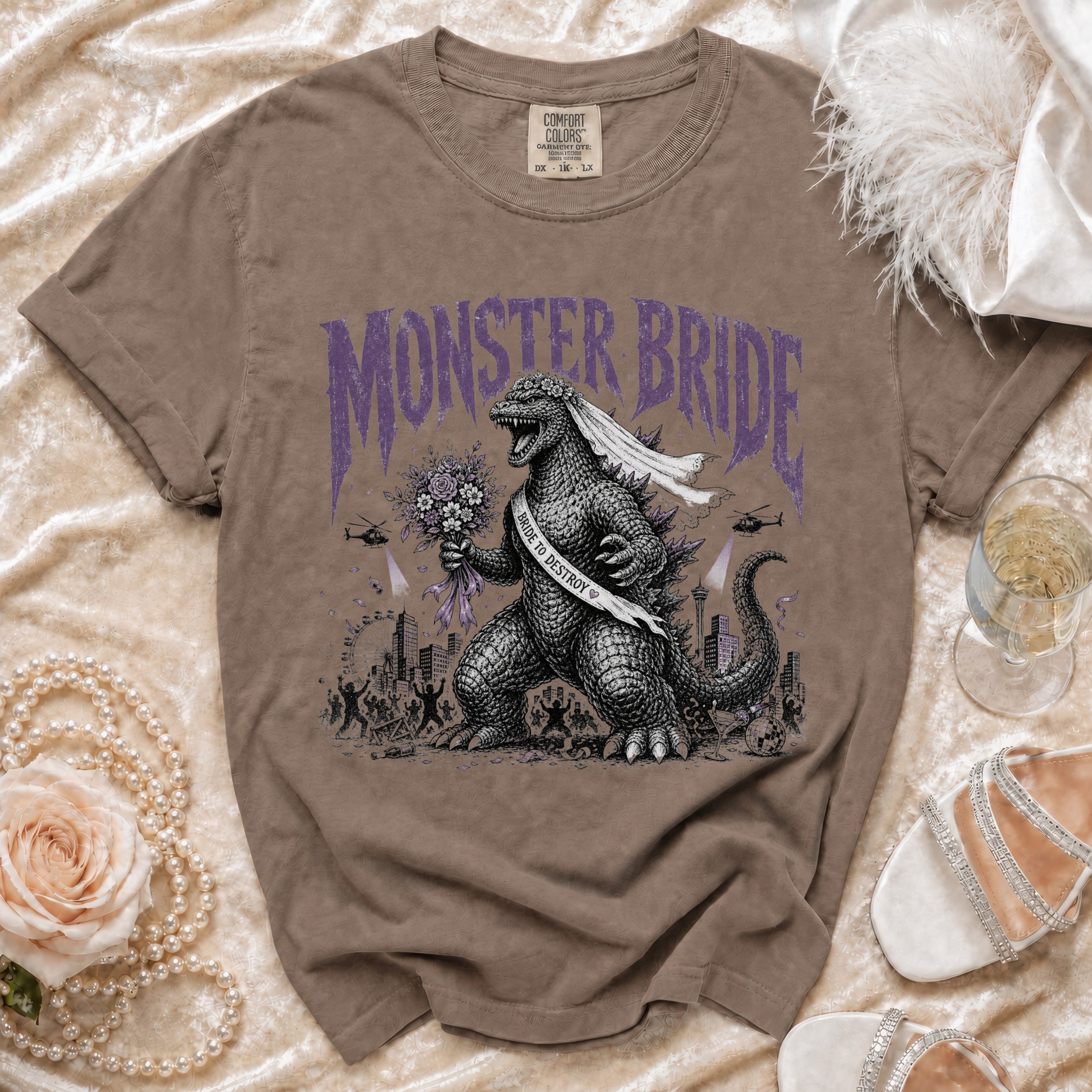 T-shirt with Godzilla as bride, "Monster Bride" text, and city destruction scene.