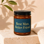 Amber jar candle with a dark blue label that reads "Best Man, Better Friend".