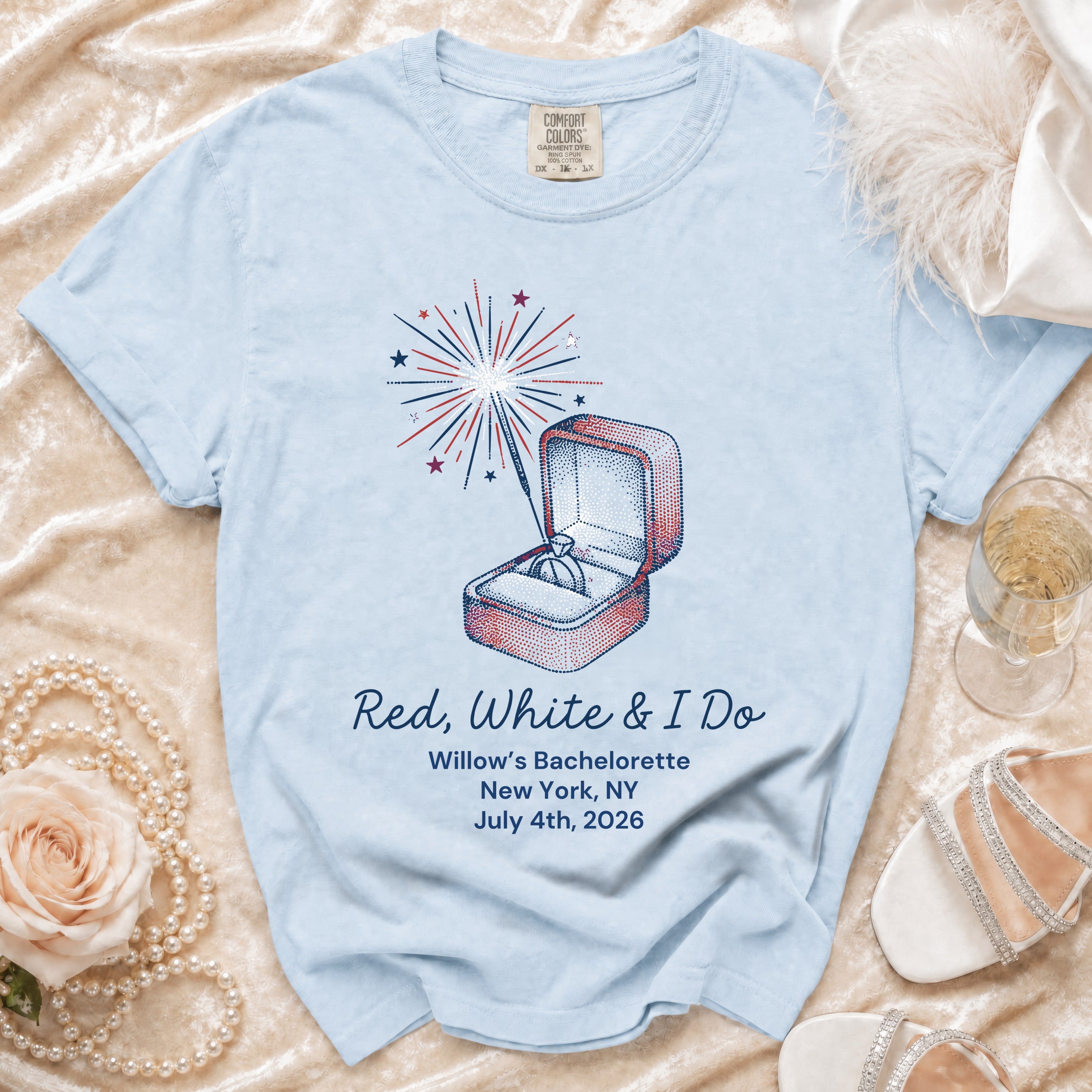 Light blue t-shirt with "Red, White & I Do" bachelorette design.
