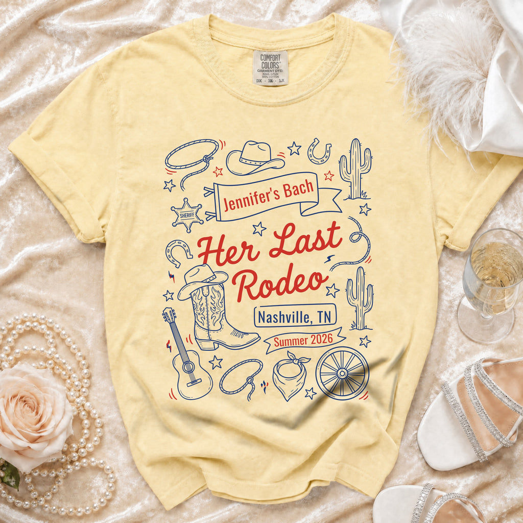 Pale yellow t-shirt for "Jennifer's Bach: Her Last Rodeo Nashville, TN Summer 2026".