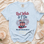 Light blue t-shirt with "Red, White & I Do" and bachelorette details.