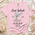 Pink t-shirt with "Last Splash Sarah's Bach Malibu, CA Summer 2026" text and mermaid tail graphic.