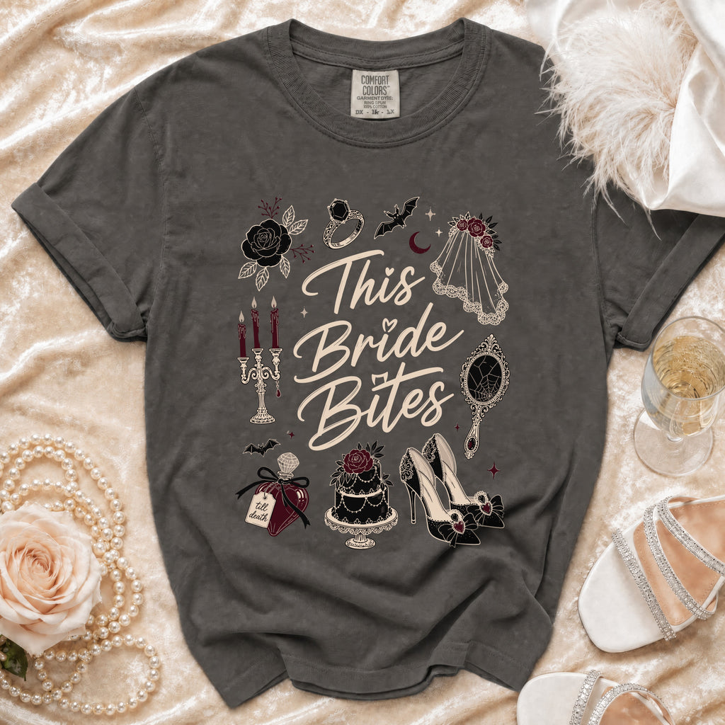 Dark grey t-shirt with gothic bride illustration and "This Bride Bites" text.