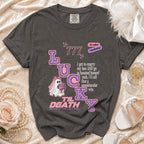 Dark gray t-shirt with "Lucky" design and spooky wedding phrase.