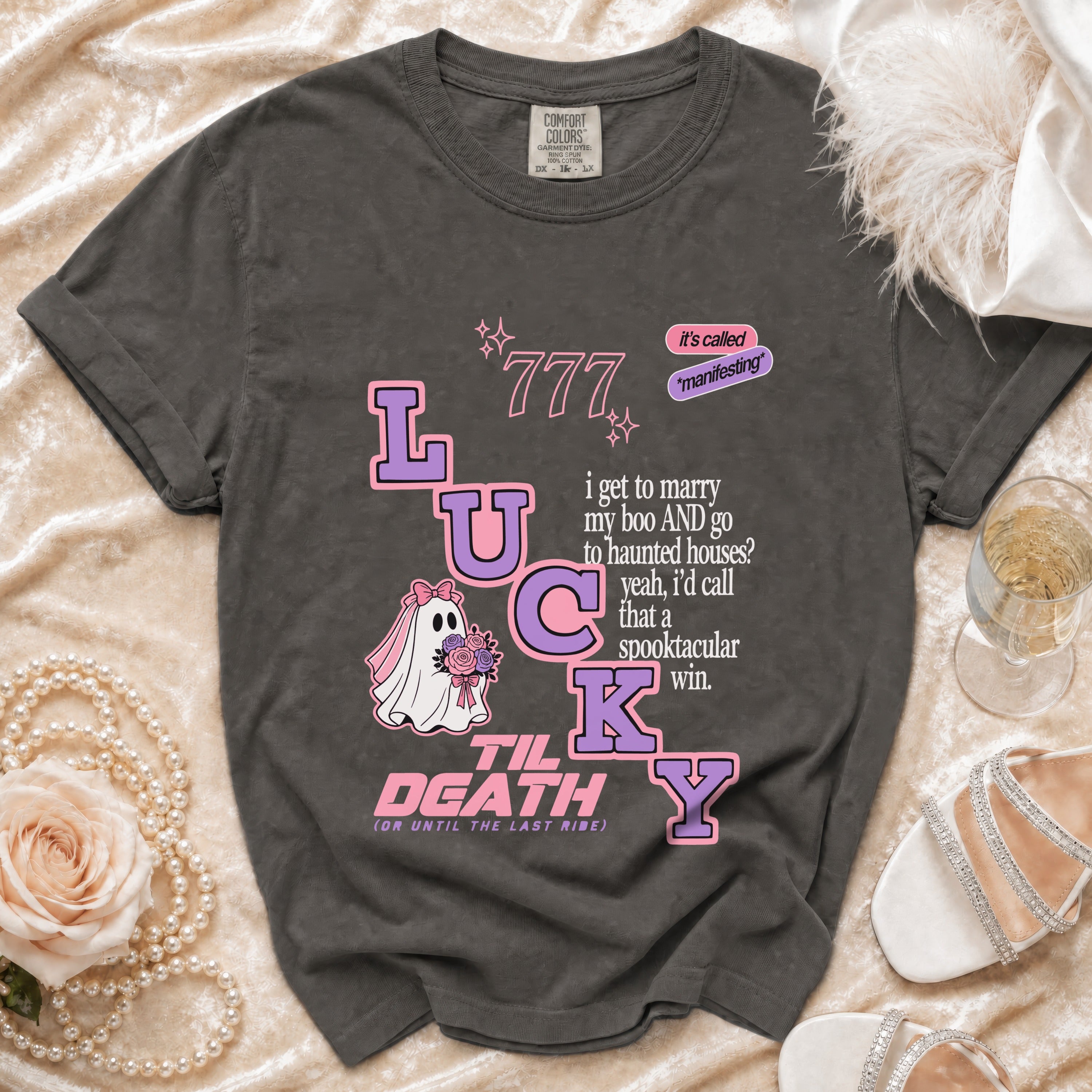 Dark gray t-shirt with "Lucky" design and spooky wedding phrase.