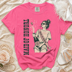 Pink t-shirt with graphic of a woman holding champagne, "Maid of Honor" text.