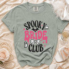 Spooky Bride Club t-shirt with bat, ghost, and bow graphics.