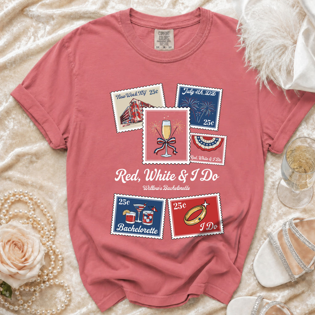 T-shirt with "Red, White & I Do Willow's Bachelorette" and postage stamps.