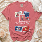 T-shirt with "Red, White & I Do Willow's Bachelorette" and postage stamps.