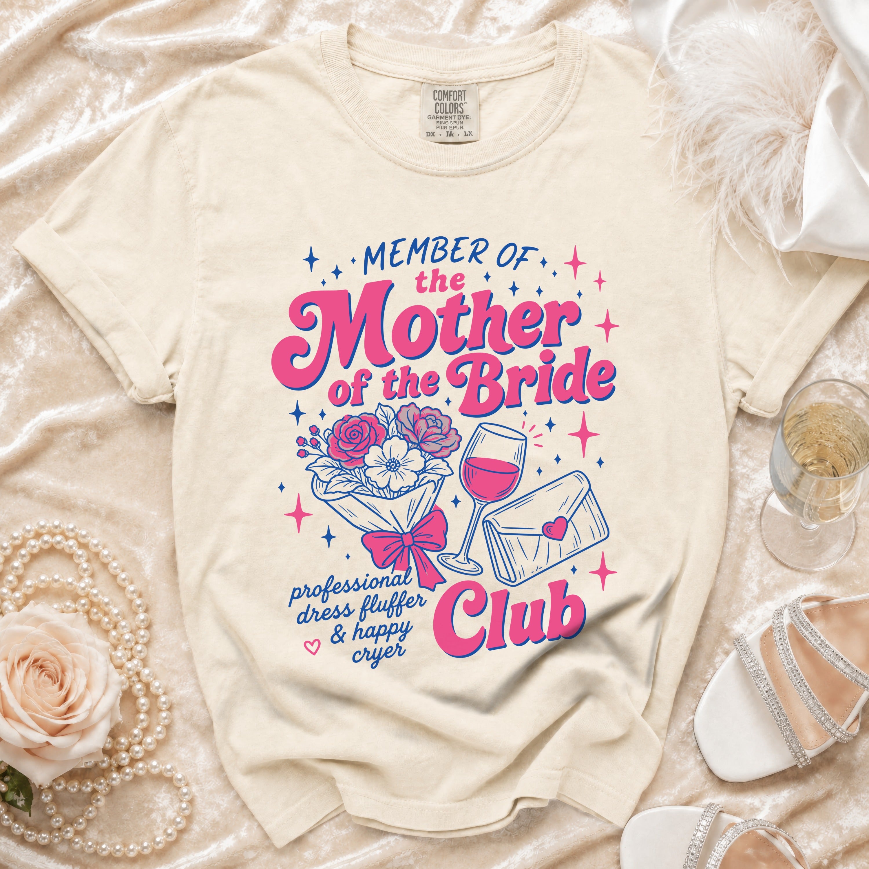 Cream t-shirt with "Member of the Mother of the Bride Club" text and graphics.