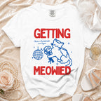 White t-shirt with "GETTING MEOWIED" text, a cat, disco ball, and bachelorette details.