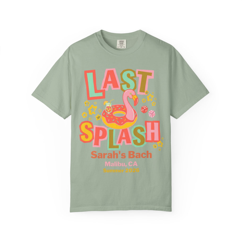Green t-shirt with "LAST SPLASH" text, flamingo, and party graphics.