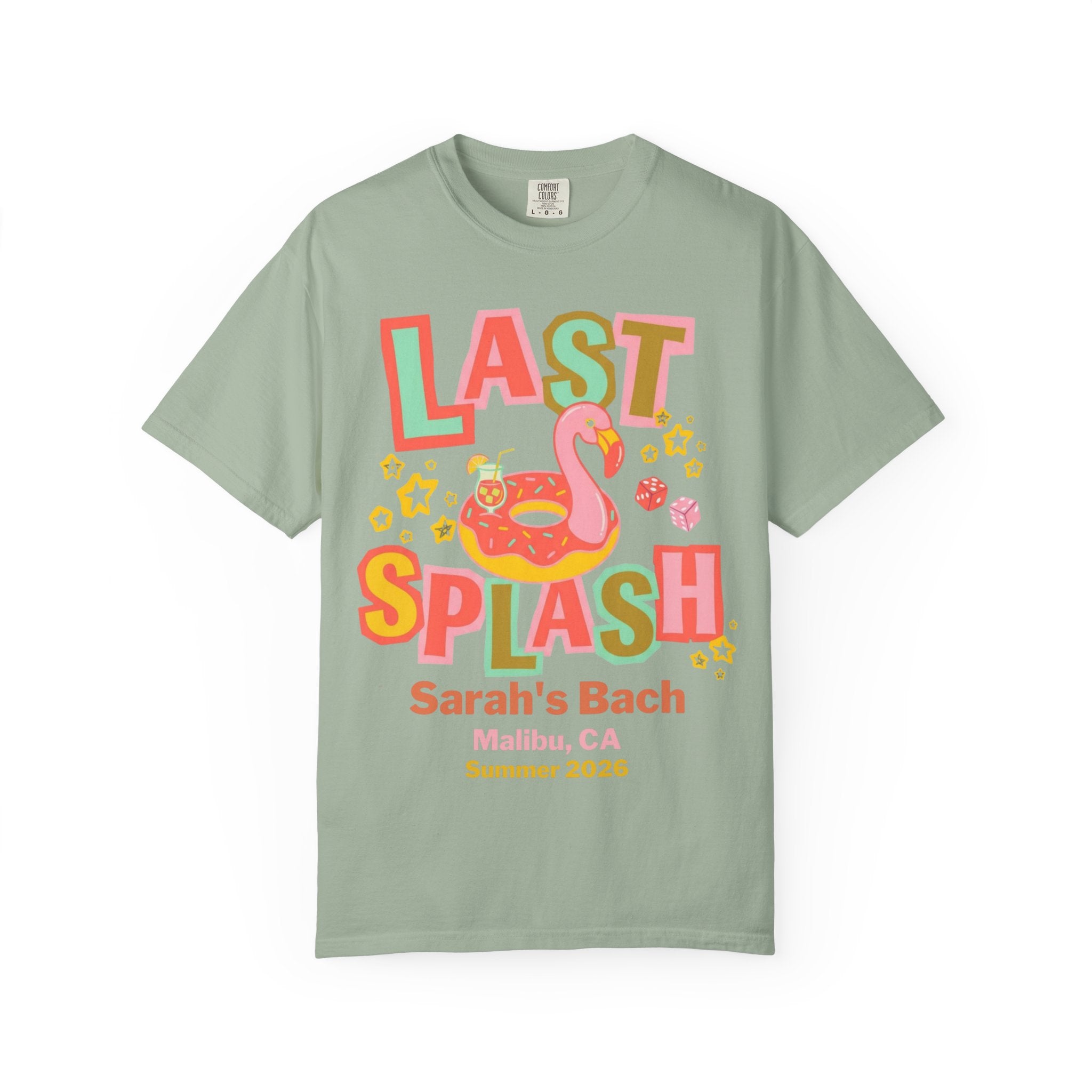 Green t-shirt with "LAST SPLASH" text, flamingo, and party graphics.