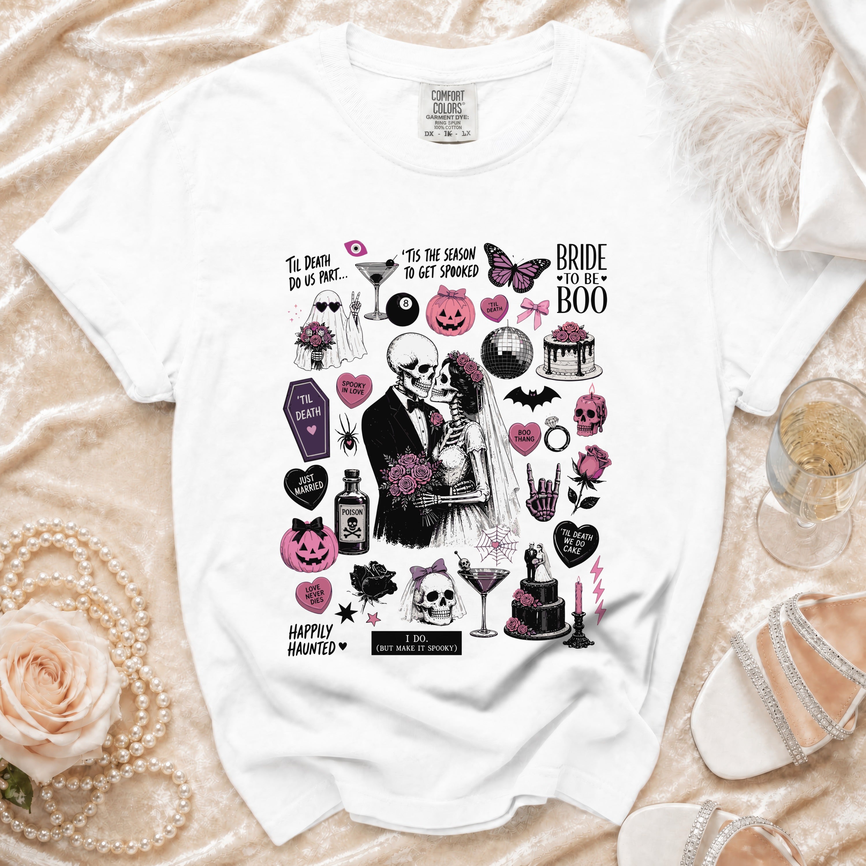 White t-shirt with skeleton couple and spooky wedding graphics.