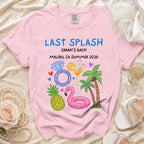 Pink t-shirt for "Sarah's Bach Malibu, CA Summer 2026" with graphics.